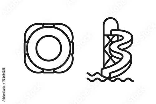 Lifeline and water slide icon set. Lifebuoy, aquapark symbols for summer vacation fun. Pool safety, rescue concept. Editable stroke vector line art for web, UI, apps.