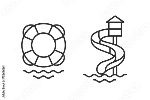 Water slide and lifebuoy line icon set. Aquapark, pool safety, and summer vacation concepts. Vector symbols for fun, recreation, rescue, and leisure. Editable stroke graphic.