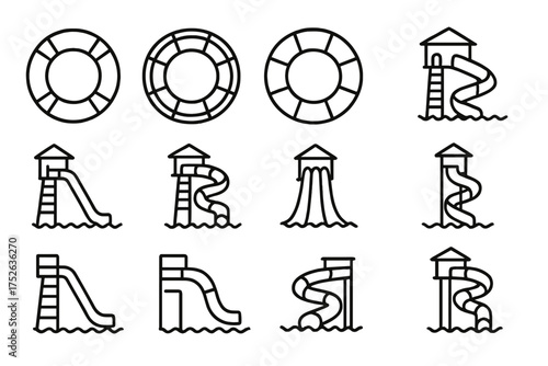 Water park and swimming pool line icon set. Lifeline, lifebuoy, and water slide vector symbols. Aqua park fun and safety elements for web, apps. Editable stroke cartoon icons.
