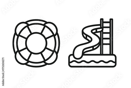 Lifeline and water slide icon set. Summer vacation fun concept. Lifebuoy for safety, rescue. Aquapark recreation symbol. Editable stroke line art for web, ui, app design.