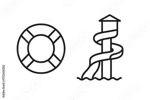 Water park and pool safety icon set. Lifeline, lifebuoy, and water slide line icons. Summer vacation fun and recreation symbols. Vector illustration with editable stroke.