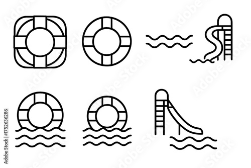 Water park and summer vacation icon set. Lifebuoy, lifeline, water slide, swimming pool line icons. Aqua park safety, rescue, recreation sign. Editable stroke vector symbol.