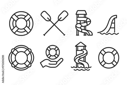 Water park thin line icon set with lifeline and water slide. Summer vacation and recreation concept. Safety, rescue, swimming pool, and boating symbols. Editable stroke.