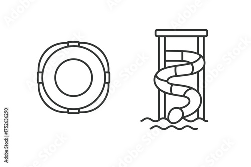 Lifeline and water slide thin line icon set. Waterpark, swimming pool, and summer vacation symbols. Safety, rescue, and amusement concept. Editable stroke vector illustration.