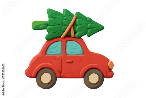 Red car with Christmas tree on the roof. Holiday travel concept. Clay plasticine handmade 3d object. Festive winter season decoration. Cute cartoon vector illustration isolated.