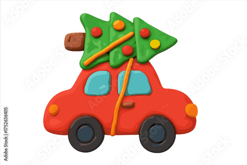 Red car with Christmas tree on roof. Festive holiday transport. Xmas delivery concept. Clay, plasticine 3D render illustration in childish cartoon style. Isolated vector toy.