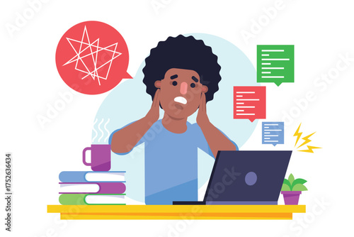 Flat design illustration of overwhelmed people in a chaotic environment