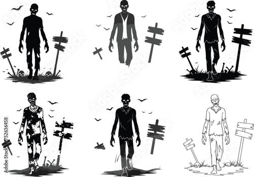 Zombie character set, walking undead silhouettes, horror vector illustration, post-apocalyptic design, eerie outdoor scene, stylized decay, creepy Halloween concept, survival theme