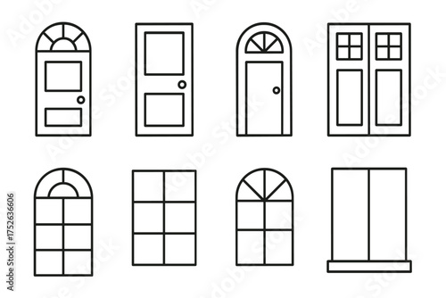 Line icon set of exterior doors and windows collection, simple black outline design, vector cartoon style for cards, posts, apps, websites, home architecture elements, construction symbols
