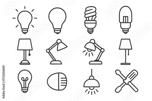 Simple Isolated Lightbulbs and Lamps Line Icons Collection, Editable Stroke, Vector Cartoon Illustration for Websites, Books, Cards, Apps with Transparent Background