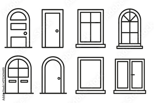 Line Icon Set of Exterior Doors and Windows, Vector Cartoon Illustrations for Cards, Posts, Apps, Websites Design, Modern Door Frames, Window Styles, Architecture Elements