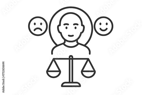Mental health balance and emotional regulation concept. Psychology icon of a person with scales managing mood swings. Happy and sad face emoji. Self awareness vector line.