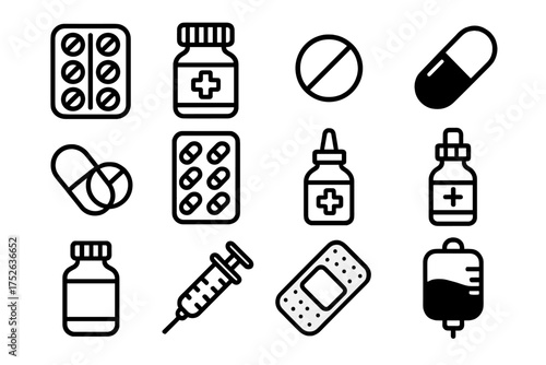 Line icon set of medical and treatment symbols including pills, capsules, syringes, medicine bottles, bandage, and IV drip for healthcare, pharmacy, medication, and wellness design