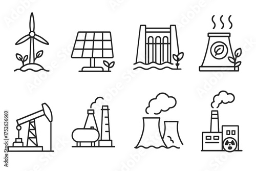 Renewable vs non-renewable energy sources icon set. Vector line icons of green power and fossil fuel pollution. Wind, solar, water, geothermal vs oil, nuclear, coal industry.
