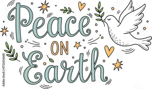 Peace on earth lettering with dove, stars, hearts, and olive branch illustration on transparent background
