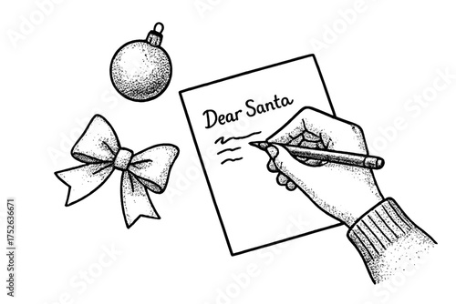 Hand writing letter to Santa Claus. Christmas tradition concept. Xmas holiday wish list. Stippling vector illustration with bow and tree ball. Minimal retro cartoon style.