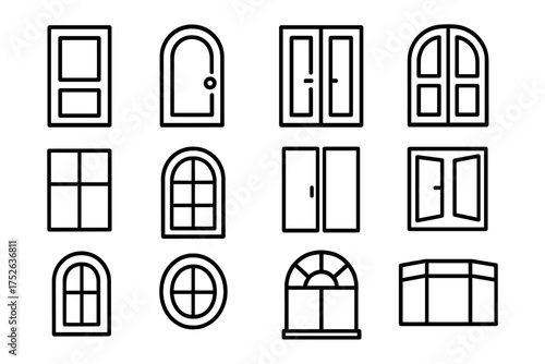 Minimalistic linear icons of exterior architecture elements with various door and window designs, modern and classic styles for card, app, post, and website UI design vector illustrations