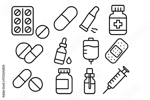 Minimalistic linear medical icons set with pills, capsules, injections, medicine bottles, and IV drip for healthcare, treatment, pharmacy, and app design concepts vector