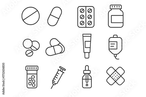 Minimalistic linear medicine and treatment icons set. Vector outline pills, capsules, tablet blister packs, syrup bottle, syringe, medical dropper, IV bag, bandage for medical app, healthcare design