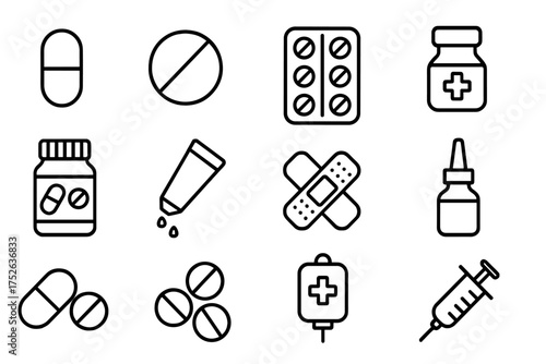 Minimalistic linear medical and treatment icons set featuring pills, capsules, tablets, bandages, syringes, medicine bottles, ointments, and IV drip for healthcare design
