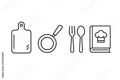 Minimalistic linear kitchen and cooking icons set including cutting board, frying pan, cutlery fork and spoon, and chef cookbook for culinary design and food preparation concepts