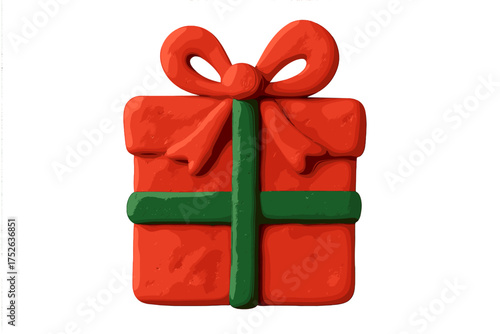 Christmas gift box in childish clay style. Cute 3D plasticine present icon for holiday celebration. Vector cartoon illustration of handmade toy gift with red green color, isolated.