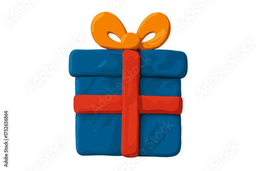 Gift box clay element in naive childish style. Isolated plasticine toy for Christmas or birthday. Vector cartoon illustration of a blue present with a transparent background.