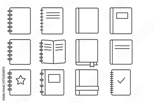 Thin line notebook icon pack, editable stroke vector set of notebooks, journals, diaries, planners and books, vector cartoon illustration with transparent background for apps, cards, and websites