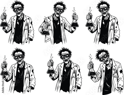 Zombie scientist character set, horror lab illustration, creepy undead researcher, vector design, grotesque science fiction theme, mad experiment concept, eerie expressions