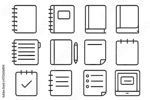Notebook and Journal Line Icons Set for Websites, Books, Cards, and Apps. Editable Stroke Vector Illustrations. Office, Diary, Planner, Notepad, Organizer Symbols for Digital and Print Use