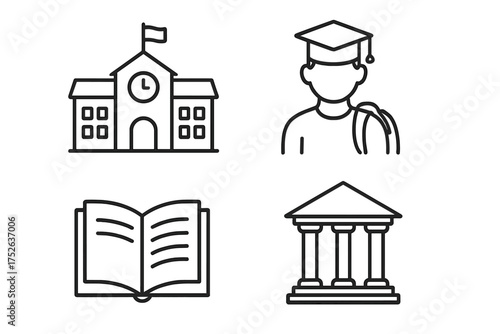 School building student with backpack and graduation cap, open book and university building outline icons, education collection for websites, apps, learning, and academic design