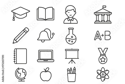 School and University Education Icons Bundle. Editable Thin Stroke Vector Pack for Students, Books, Classroom, Science, Learning, Study Tools, Apps, Websites, and Cards