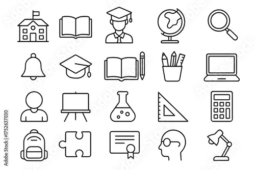 School and University Education Thin Line Icons Set, Editable Stroke Vector Cartoon Illustrations for Websites, Books, Cards, Apps, Study Tools, Learning Symbols, Academic Elements