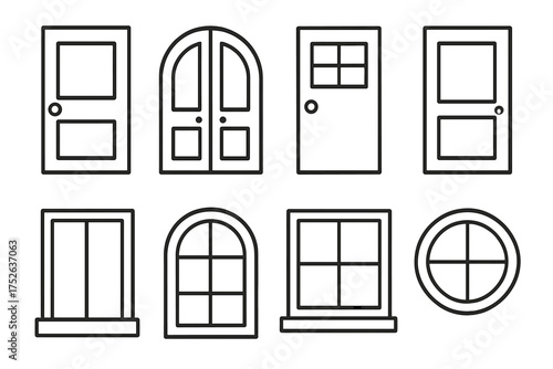 Simple linear exterior illustration with icons of doors and windows, vector cartoon style for design, cards, posts, apps, websites, architectural elements, home decor graphics