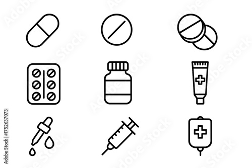 Simple linear vector illustration of medical treatment icons including pills, capsules, tablets, blister packs, medicine bottles, ointment tubes, droppers, syringes, and IV bags for healthcare design