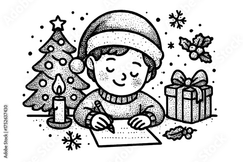 Child writes a Christmas letter to Santa Claus. Winter holiday tradition, making a wish list. Cute boy with pen and paper. Stippling vector illustration with tree, candle, gift.