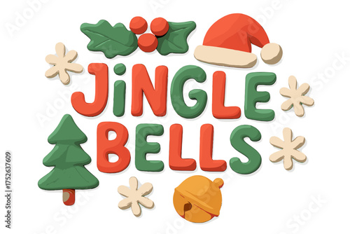 Jingle Bells Christmas clay lettering. Festive winter holiday quote in childish plasticine style. 3D typography design element with Santa hat, tree, bell, and snowflakes.