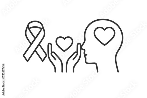 Mental health awareness icon with support ribbon and heart. Concept of psychological care, empathy, and compassion. Human head silhouette symbolizes mind, therapy, and wellness.