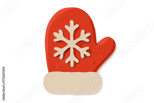 Red Christmas mitten with snowflake. Handmade plasticine clay icon in naive childish style. Winter holiday symbol for festive design. Isolated cartoon vector element for art.