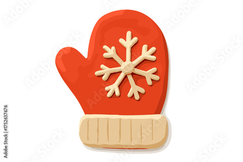 Mitten with snowflake. Christmas clay element in naive childish style. Isolated plasticine toy. Vector cartoon illustration. Winter glove for festive holiday design.