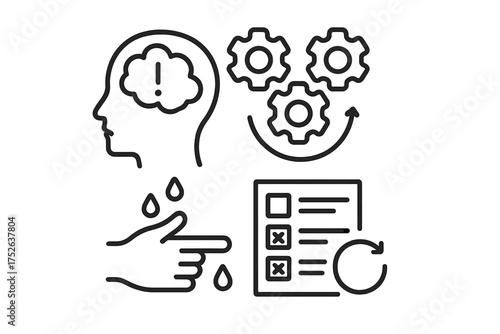 Obsessive compulsive disorder icon set. OCD symptoms metaphor. Intrusive thoughts, repetitive behavior, compulsive hand washing, checking. Mental health, anxiety, obsession vector.
