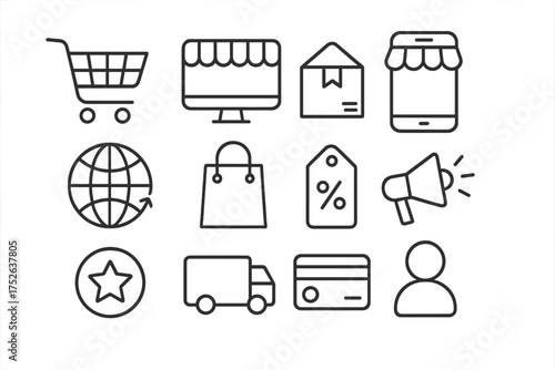 Online shopping and e-commerce line icon set. Vector icons for digital retail, delivery, payment, and customer experience. Editable stroke for web and mobile design.