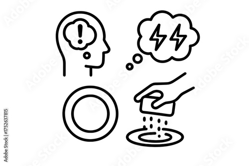 Obsessive compulsive disorder OCD icon set. Vector line illustration of repetitive behavior, intrusive thoughts, anxiety. Mental health, psychology, stress, compulsion concept.