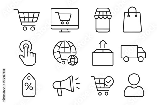 Online shopping & e-commerce line icon set. Vector symbols for digital retail, web store, delivery, sales promotion, and customer experience. Editable stroke for app & web UI.