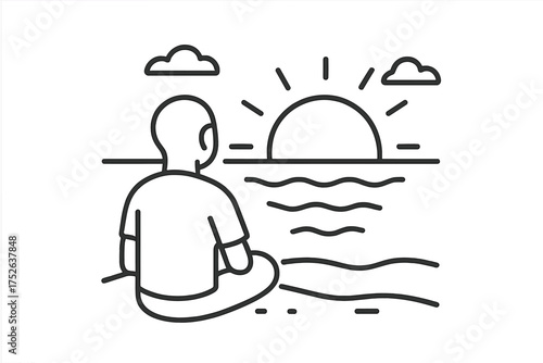 Person meditating at sunset. Mindfulness and relaxation icon. Concept for calm, peace, mental health, wellbeing, and solitude. Man on beach watching the sea. Thin line vector.
