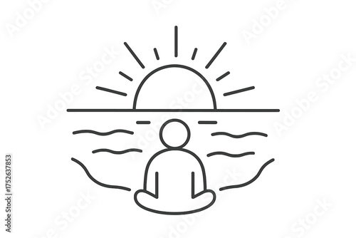Person meditating at sunrise icon. Thin line vector for mindfulness, peace, and emotional calm. Man watching sunset on beach. Yoga, zen, relax, spiritual harmony concept.