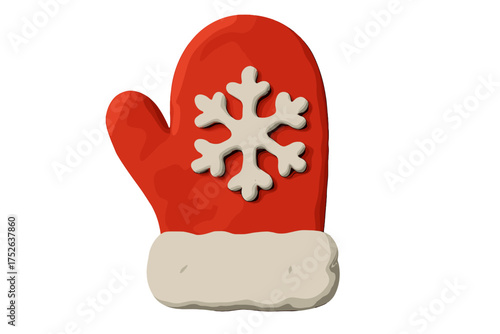 Cute red Christmas mitten with snowflake. Winter holiday glove in 3D claymation style. Naive childish plasticine craft. Isolated vector cartoon icon for festive design.