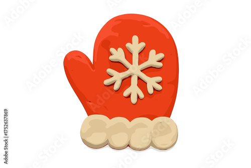 Christmas red mitten with snowflake. Winter holiday glove icon. Cute handmade plasticine illustration for festive design. Isolated clay art element for new year celebration.