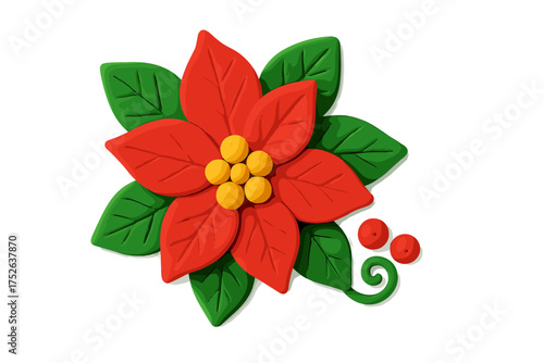 Poinsettia Christmas flower in cute childish clay style. 3D plasticine render for holiday decoration. Naive craft design element. Winter plant cartoon vector illustration.