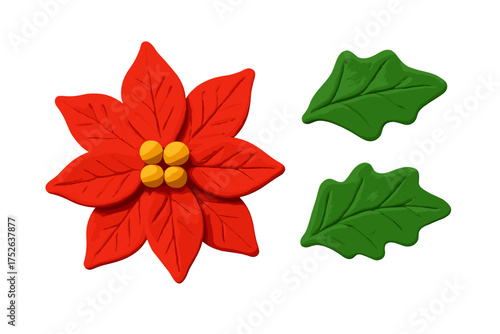 Poinsettia Christmas flower and leaf set. 3D plasticine or clay model illustration. Festive holiday decoration for winter celebration. Naive childish handmade cartoon style vector.